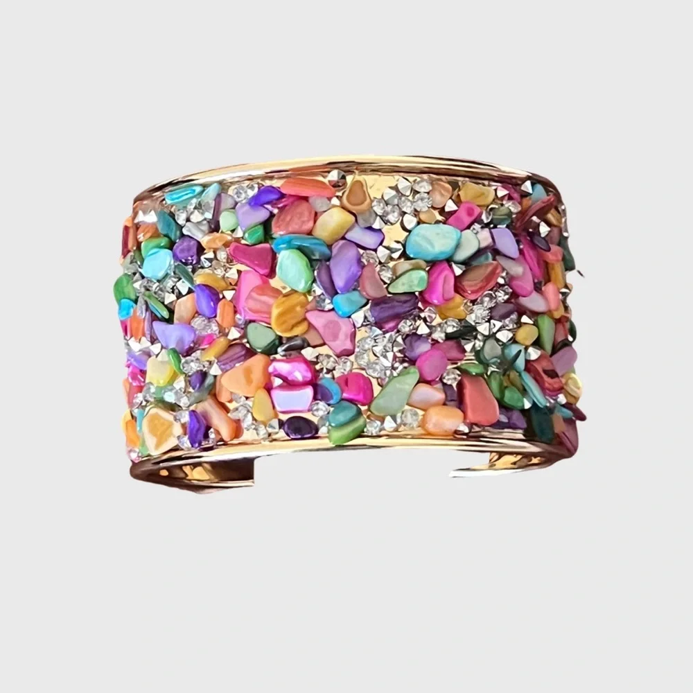 Multicolor Stone Embellished Gold Cuff Bracelet - Picture 4 of 10